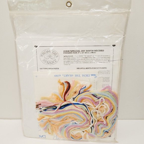 Vintage NIP 1989 From the Heart Special Joy Birth Record Cross Stitch Kit - Picture 6 of 7